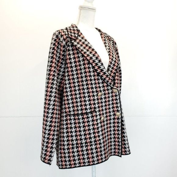 Joie Houndstooth Double Breasted Button Front Business Casual Blazer Sweater - Picture 4 of 11